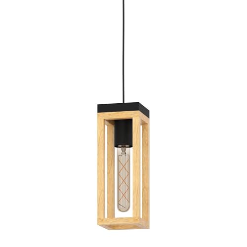 EGLO Hängelampe Nafferton, Pendelleuchte Esstisch 1-flammig, FSCM70HB, Esszimmerlampe aus Holz in Natur und Metall in Schwarz, Hängeleuchte mit E27 Fassung von EGLO