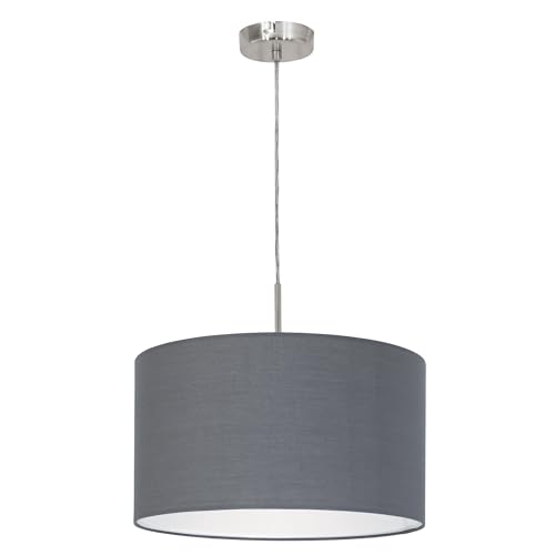 EGLO Hängelampe Pasteri, Textil Pendelleuchte über Esstisch, Deckenlampe hängend aus Metall in Silber mit Stoff Lampenschirm in Grau, E27 Fassung, Ø 38 cm von EGLO