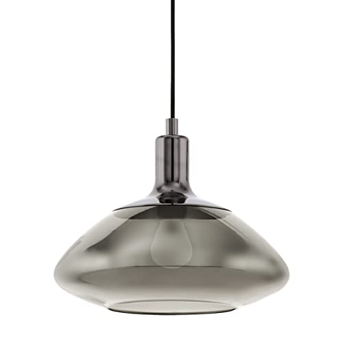 EGLO Hängelampe Torrontes, Pendelleuchte Esstisch, Hängeleuchte aus Metall in Nickel-Nero und Rauchglas in Schwarz-Transparent, Esszimmerlampe hängend, E27 Fassung, Ø 35 cm von EGLO