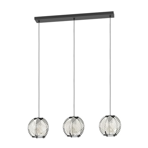 EGLO Hängelampe Waverton, Pendelleuchte über Esstisch, Esszimmerlampe 3-flammig aus Metall und Holz in Schwarz, Textil in Weiß, Hängeleuchte mit E27 Fassung, L 92 cm von EGLO