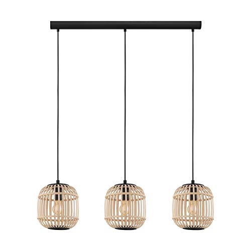 EGLO Pendelleuchte Bordesley, 3 flammige Hängelampe Vintage, Natur, Boho, Hygge, Hängeleuchte aus Stahl in Schwarz und Holz in Naturfarben, Esstischlampe, Wohnzimmerlampe hängend mit E27 Fassung EGLO Pendelleuchte Bordesley, 3 flammige Hängelampe Vintage, Natur, Boho, Hygge, Hängeleuchte aus Stahl in Schwarz und Holz in Naturfarben, Esstischlampe, Wohnzimmerlampe hängend mit E27 Fassung von EGLO
