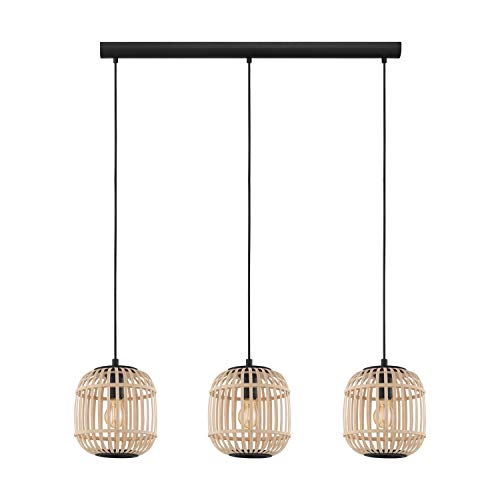 EGLO Pendelleuchte Bordesley, 3 flammige Hängelampe Vintage, Natur, Boho, Hygge, Hängeleuchte aus Stahl in Schwarz und Holz in Naturfarben, Esstischlampe, Wohnzimmerlampe hängend mit E27 Fassung von EGLO