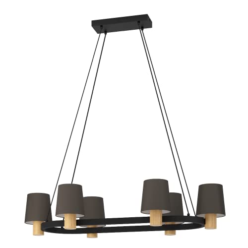 EGLO Kronleuchter Edale, Pendelleuchte Esstisch 6-flammig, ovale Hängelampe, Esszimmerlampe aus Metall in Schwarz, FSC100HB, Holz in Eiche und Textil in Cappucchino, Hängeleuchte mit E27 Fassung EGLO Kronleuchter Edale, Pendelleuchte Esstisch 6-flammig, ovale Hängelampe, Esszimmerlampe aus Metall in Schwarz, FSC100HB, Holz in Eiche und Textil in Cappucchino, Hängeleuchte mit E27 Fassung von EGLO