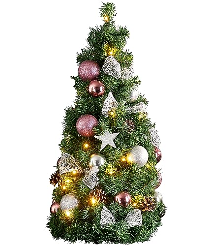 EGLO Künstlicher Weihnachtsbaum 65 cm für innen, Deko-Tannenbaum mit LED-Beleuchtung und Weihnachtskugeln in Rosa und Silber, mit Timer, warmweiß, batteriebetriebener Kunstbaum von EGLO