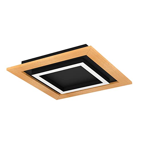 EGLO LED Deckenleuchte Tirrenara, quadratische Deckenlampe dimmbar mit Fernbedienung, Lampe Decke aus Holz, Metall in schwarz und Kunststoff in weiß, FSC100HB, Deckenbeleuchtung warmweiß-kaltweiß von EGLO