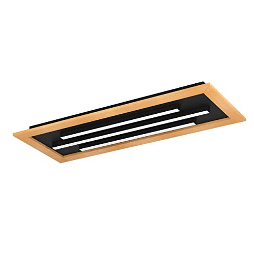 EGLO LED Deckenleuchte Tirrenara, rechteckige Deckenlampe dimmbar mit Fernbedienung, Lampe Decke aus Holz, Metall in schwarz und Kunststoff in weiß, FSC100HB, Deckenbeleuchtung warmweiß-kaltweiß von EGLO