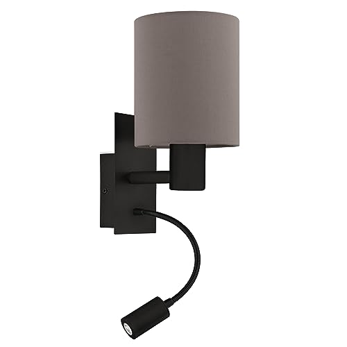 EGLO LED Wandlampe Pasteri, Wandleuchte für innen mit Leselampe, Wandspot aus Metall in Schwarz und Textil in Anthrazit-Braun, Wand Lampe für Wohnzimmer und Schlafzimmer, E27 Fassung von EGLO