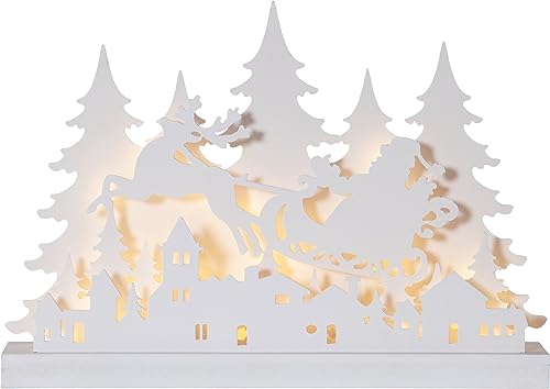 EGLO LED Weihnachtsdeko, Weihnachts-Silhouette aus Holz, Weihnachtsdorf mit Weihnachtsmann, Winterlandschaft in Weiß mit Timer und batteriebetriebener Beleuchtung, warmweiß, 42 x 30 cm von EGLO