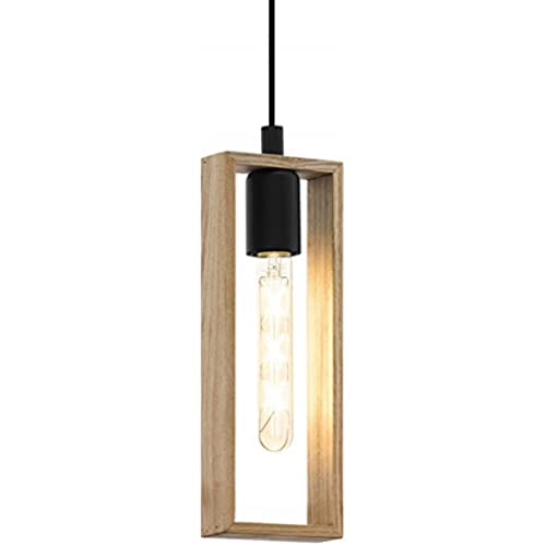 EGLO Pendellampe Littleton, 1 flammige Vintage Pendelleuchte im Industrial Design, Retro Hängelampe aus Stahl und Holz, Farbe: Schwarz, braun, Fassung: E27 von EGLO