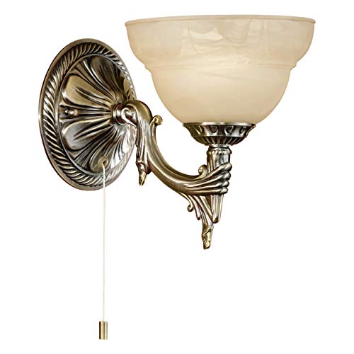 EGLO Wandlampe Marbella, 1 flammige Wandleuchte Vintage, Rustikal, Wandleuchte innen, Metallguss, Alabaster-Glas, Wohnzimmerlampe, Flurlampe Brüniert, Champagner, Lampe mit Zug-Schalter, E14 Fassung von EGLO