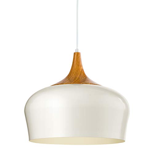 EGLO Pendelleuchte Obregon, 1 flammige Hängelampe modern, Hängeleuchte aus Metall in Creme und Holz in Eiche, Esstischlampe, Wohnzimmerlampe hängend mit E27 Fassung von EGLO