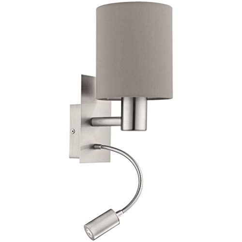EGLO Wandlampe Pasteri, 2-flammige Textil Wandleuchte mit LED Leselicht, Leselampe aus Metall in Silber und Stoff in Taupe, E27 Fassung von EGLO