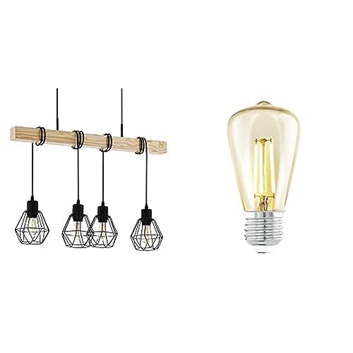 EGLO Pendellampe Townshend 5, Vintage Pendelleuchte im Industrial Design inkl. 4 LED Leuchtmittel, Retro Hängelampe aus Stahl und Holz, Schwarz, braun von EGLO