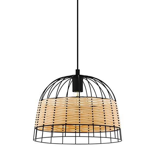 EGLO Pendelleuchte Anwick, 1 flammige Hängelampe Vintage, Boho, Hängeleuchte aus Stahl und Rattan, Esstischlampe, Wohnzimmerlampe hängend in Schwarz, Natur, E27 Fassung, Ø 37 cm von EGLO