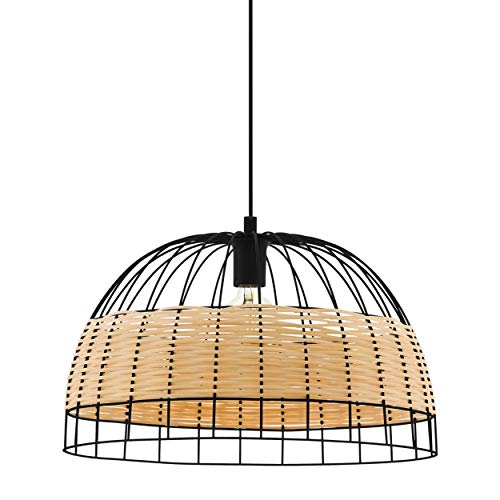 EGLO Pendelleuchte Anwick, 1 flammige Hängelampe Vintage, Boho, Hängeleuchte aus Stahl und Rattan, Esstischlampe, Wohnzimmerlampe hängend in Schwarz, Natur, E27 Fassung, Ø 50 cm von EGLO