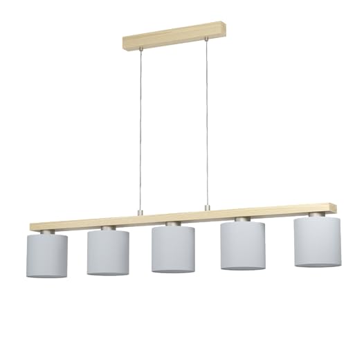 EGLO Pendelleuchte Castralvo, 5 flammige Hängelampe, Hängeleuchte aus Stahl in Nickel-Matt, Holz in Braun und Textil in Weiß, Esstischlampe FSC Zertifiziert, E27 Fassung von EGLO