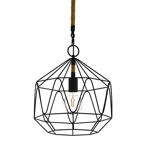 EGLO Pendelleuchte Cottingham, 1 flammige Hängelampe Vintage, Industrial, Retro, Hängeleuchte aus Stahl und Naturseil, Esstischlampe, Wohnzimmerlampe hängend in Schwarz, Natur, E27 Fassung, Ø 37 cm von EGLO