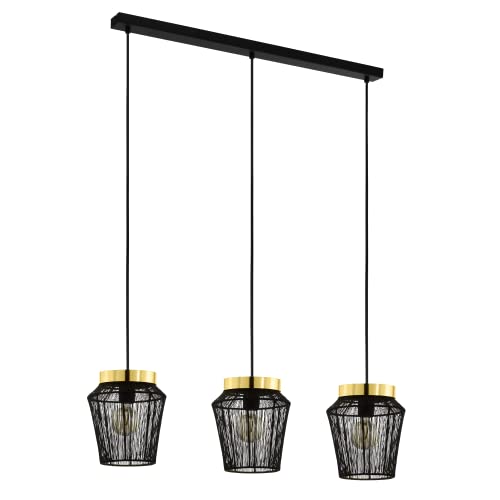 EGLO Pendelleuchte Escandidos, 3 flammige Hängelampe, Hängeleuchte aus Metall in Schwarz, Messing-Gebürstet, Esstischlampe, Wohnzimmerlampe hängend mit E27 Fassung von EGLO