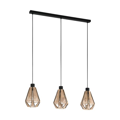 EGLO Pendelleuchte Esstisch Adwickle, 3-flammige Hängelampe für Wohnzimmer und Esszimmer, Textil Esszimmerlampe aus Hanf in Natur und Metall in schwarz, Lampe hängend mit E27 Fassung von EGLO