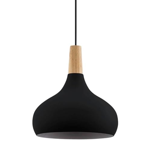 EGLO Pendelleuchte Esstisch Sabinar, Hängelampe für Wohnzimmer und Esszimmer, Esszimmerlampe aus Metall in schwarz und Holz in Natur, FSC100HB, Lampe hängend mit E27 Fassung, Ø 28 cm von EGLO