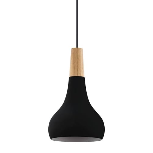 EGLO Pendelleuchte Esstisch Sabinar, Hängelampe für Wohnzimmer und Esszimmer, FSC100HB, Esszimmerlampe aus Metall in schwarz und Holz in Natur, Lampe hängend mit E27 Fassung, Ø 18 cm von EGLO