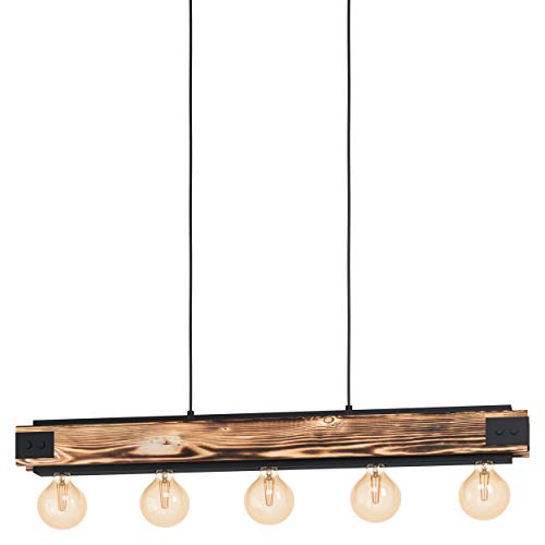 EGLO Pendelleuchte Layham, 5 flammige Hängelampe Vintage, Industrial, Retro, Hängeleuchte aus Stahl und Holz in Schwarz, Natur, Esstischlampe, Wohnzimmerlampe hängend mit E27 Fassung von EGLO