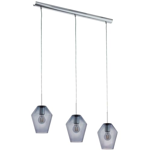 EGLO Pendelleuchte Murmillo, 3 flammige Hängelampe, Hängeleuchte aus Stahl in Chrom und Glas in Schwarz-Transparent, Esstischlampe, Wohnzimmerlampe hängend mit E27 Fassung von EGLO