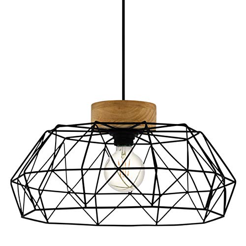 EGLO Pendelleuchte Padstow, 1 flammige Hängelampe Vintage, Industrial, Retro, Hängeleuchte aus Stahl und Holz in Schwarz, Natur, Esstischlampe, Wohnzimmerlampe hängend mit E27 Fassung von EGLO