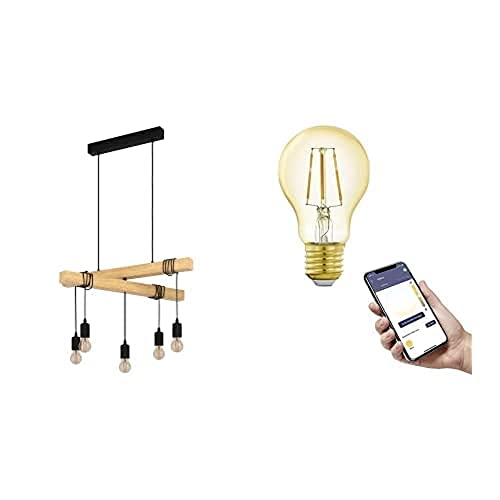 EGLO Pendelleuchte Townshend, Hängelampe vintage inkl. 5 E27 Smart Home connect.z Retro-Leuchtmittel, Hängeleuchte aus Holz in Natur und Metall in Schwarz, Esstischlampe, Wohnzimmerlampe hängend von EGLO