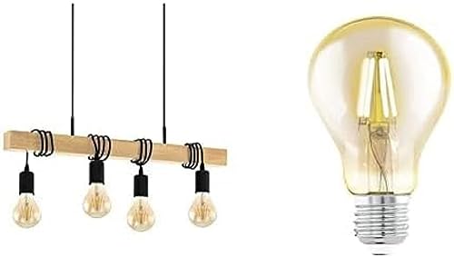 EGLO Pendelleuchte Townshend Holz Vintage, Hängelampe Esszimmer inkl. 4 LED Leuchtmittel, rustikale Hängeleuchte, Retro Lampe im Industrial Design, Pendellampe schwarz, braun von EGLO