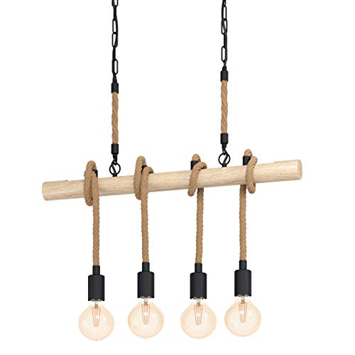 EGLO Pendelleuchte Youngstown, 4 flammige Hängelampe Vintage, Industrial, Retro, Hängeleuchte aus Stahl, Holz und Naturseil, Esstischlampe, Wohnzimmerlampe hängend in Schwarz, Natur, E27 Fassung von EGLO