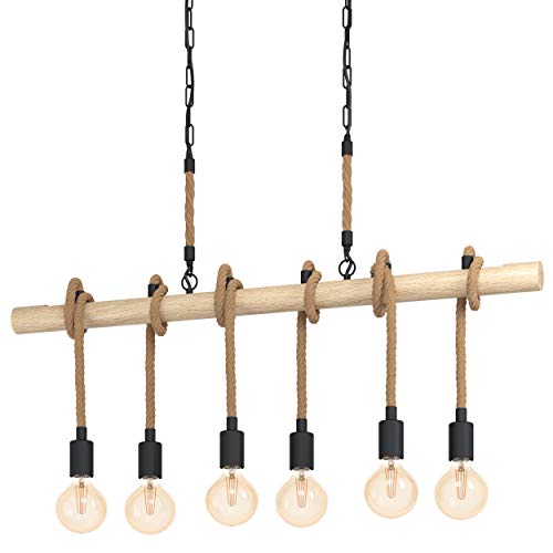 EGLO Pendelleuchte Youngstown, 6 flammige Hängelampe Vintage, Industrial, Retro, Hängeleuchte aus Stahl, Holz und Naturseil, Esstischlampe, Wohnzimmerlampe hängend in Schwarz, Natur, E27 Fassung von EGLO