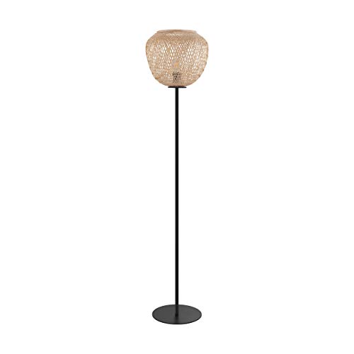 EGLO Stehlampe Dembleby, 1 flammige Stehleuchte Vintage, Boho, Standleuchte aus Stahl und Holz, Wohnzimmerlampe in Schwarz, Natur, Lampe mit Tritt-Schalter, E27 Fassung von EGLO