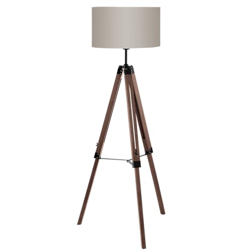 EGLO Stehlampe Lantada, Stehleuchte Vintage, Standleuchte aus Holz, Stahl und Textil, Wohnzimmerlampe in Dunkelbraun und Taupe, Lampe mit Schalter, FSC zertifiziert, E27 Fassung von EGLO