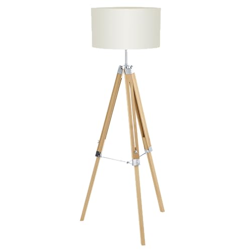 EGLO Stehlampe Lantada, Stehleuchte Vintage, Standleuchte aus Holz, Stahl und Textil, Wohnzimmerlampe in Natur und Beige, Lampe mit Schalter, FSC zertifiziert, E27 Fassung von EGLO