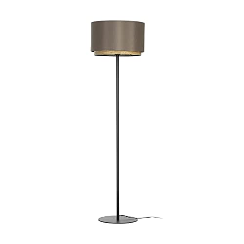 EGLO Stehlampe Marchena, Stehleuchte aus Metall in schwarz, Textil in Cappuchino und Holz in Eiche-Optik, Standleuchte mit Stoff-Lampenschirm, Lampe Wohnzimmer mit E27 Fassung von EGLO