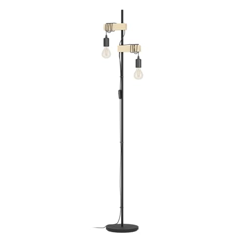 EGLO Stehlampe Townshend, 2-flammige Vintage Stehleuchte, Lampe mit Holzbalken, Retro Standleuchte aus Metall in Schwarz und Holz in Natur, FSC zertifiziert, E27 Fassung von EGLO