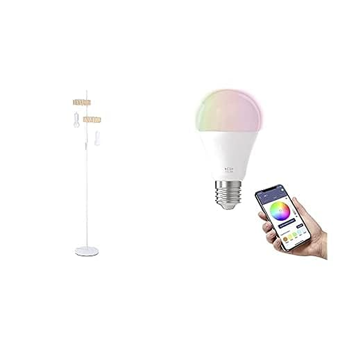 EGLO Stehlampe Townshend, Vintage Stehleuchte im Industrial Design inkl. 2 E27 Smart Home connect.z RGB Leuchtmittel, dimmbare Standleuchte aus Stahl und Holz, Weiß, braun, inkl. Schalter von EGLO