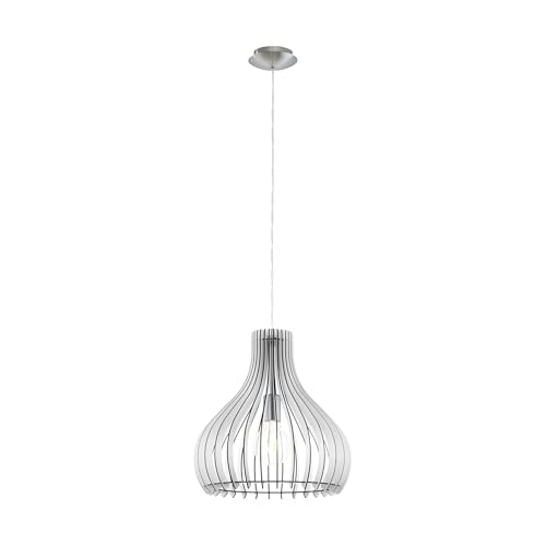 EGLO Pendelleuchte Tindori, 1 flammige Hängelampe Vintage, Hängeleuchte aus Stahl und Holz in Nickel-Matt, Weiß, Esstischlampe, Wohnzimmerlampe hängend mit E27 Fassung, Ø 38 cm von EGLO