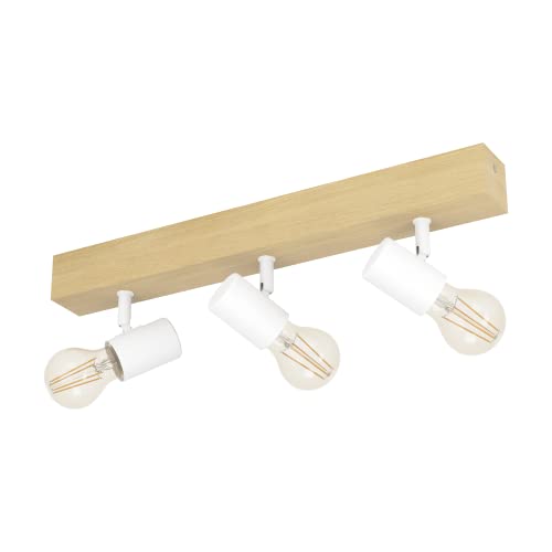 EGLO Deckenlampe Townshend 3, 3 flammiger Vintage Deckenspot im Industrial Design, Retro Lampe aus Stahl und Holz, weiß, braun, E27 Fassung, Spot Deckenleuchte 3-flammig von EGLO