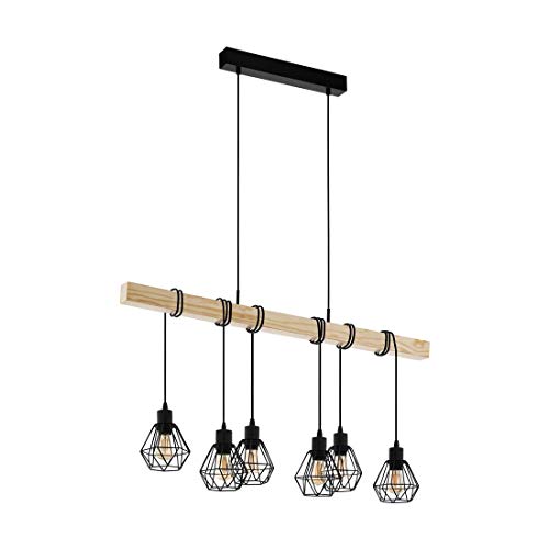 EGLO Pendellampe Townshend 5, 6 flammige Vintage Pendelleuchte im Industrial Design, Retro Hängelampe aus Stahl und Holz, Farbe: Schwarz, braun, Fassung: E27 von EGLO