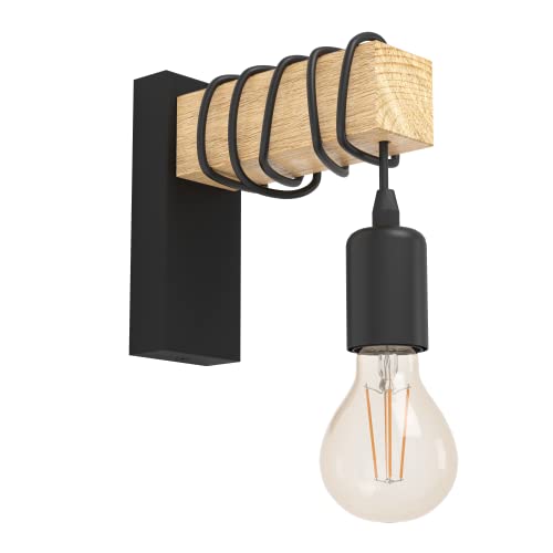 EGLO Wandlampe innen Townshend, Vintage Wandleuchte mit Holzbalken, Retro Wand Lampe aus Holz und Metall in Schwarz, E27 von EGLO