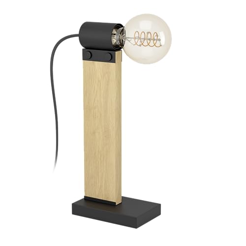 EGLO Tischlampe Bailrigg, rechteckige Tischleuchte, FSC100HB, Wohnzimmerlampe aus Holz in Natur und Metall in Schwarz, Nachttischlampe mit E27 Fassung von EGLO