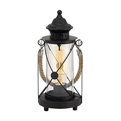 EGLO Tischlampe Bradford, 1 flammige Vintage Tischleuchte, Laterne, Nachttischlampe aus Stahl, Farbe: Schwarz, Glas: klar, Fassung: E27, inkl. Schalter von EGLO