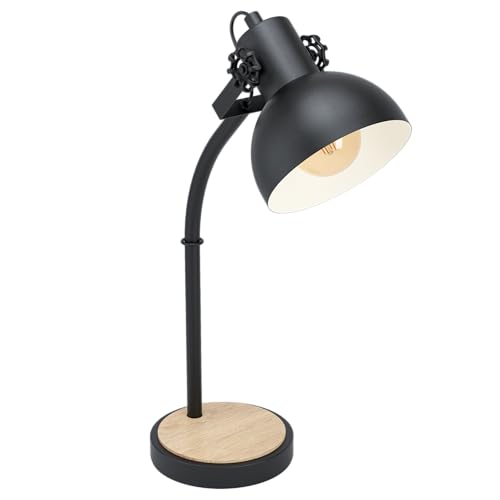 EGLO Tischlampe Lubenham, Vintage Tischleuchte im Industrial Design, Retro Nachttischlampe aus Stahl und Holz, Farbe Schwarz, braun, FSC zertifiziert, Fassung E27, inkl. Schalter von EGLO