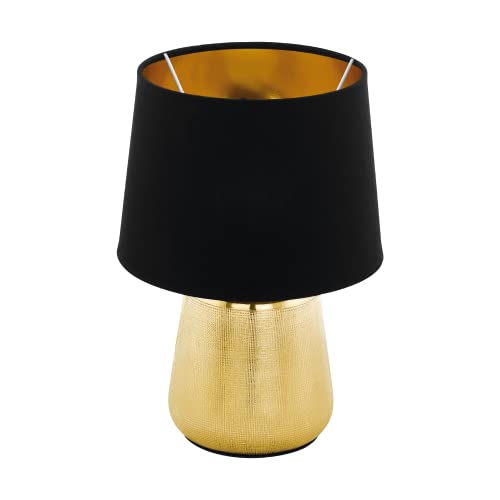 EGLO Tischlampe Manalba 1, Textil Nachttischlampe aus Keramik in gold und einem Lampenschirm aus Stoff in schwarz und gold, Tischleuchte Wohnzimmer, Schlafzimmer Lampe E14 von EGLO