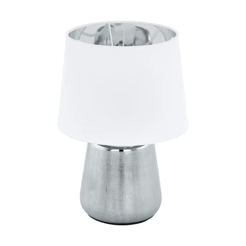 EGLO Tischlampe Manalba 1, Textil Nachttischlampe aus Keramik in silber und einem Lampenschirm aus Stoff in weiß und silber, Tischleuchte Wohnzimmer, Schlafzimmer Lampe E14 von EGLO