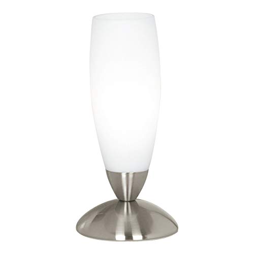 EGLO Tischlampe Slim, Tischleuchte, Nachttischlampe aus Metall und Glas, Wohnzimmerlampe in Nickel-Matt, Weiß, Lampe mit Schalter, E14 Fassung von EGLO