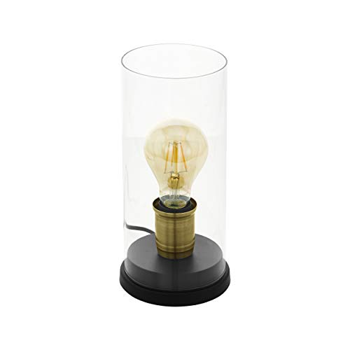 EGLO Tischlampe Smyrton, 1 flammige Tischleuchte Industrial, Vintage, Retro, Nachttischlampe aus Stahl und Glas, Wohnzimmerlampe in Schwarz, Brüniert, Klar, Lampe mit Schalter, E27 Fassung von EGLO