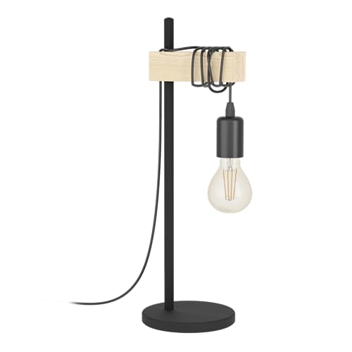 EGLO Tischlampe Townshend, Vintage Tischleuchte im Industrial Design, Retro Lampe, Nachttischlampe aus Stahl und Holz, Farbe Schwarz, braun, FSC zertifiziert, Fassung E27, inkl. Schalter von EGLO